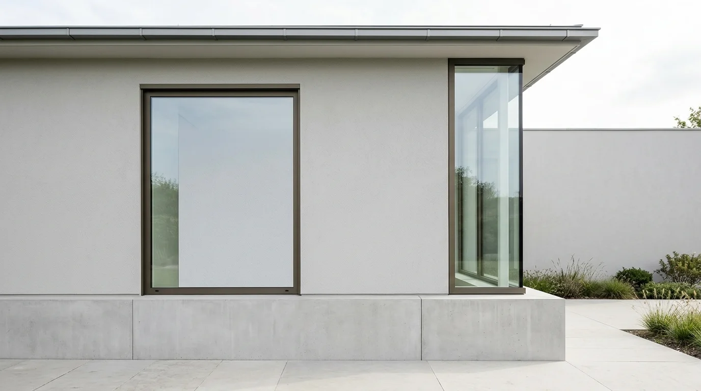 Illustrative image of a tightly cropped exterior detail showing a closed window and the clean foundation of a house, illuminated by daylight.