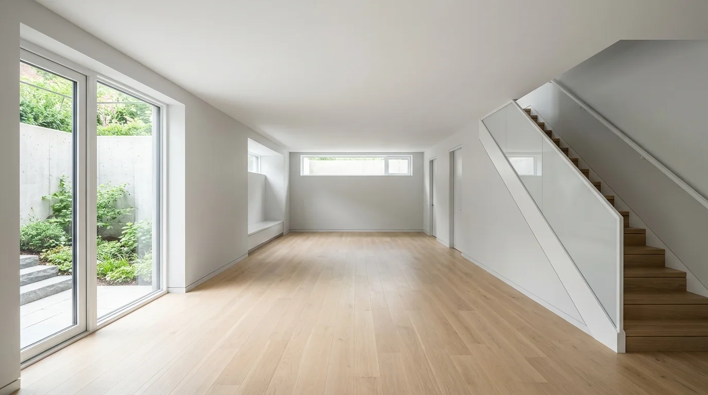Illustrative image of an empty, finished basement with a smooth, closed ceiling, neutral walls, and a clean floor, illuminated by daylight.