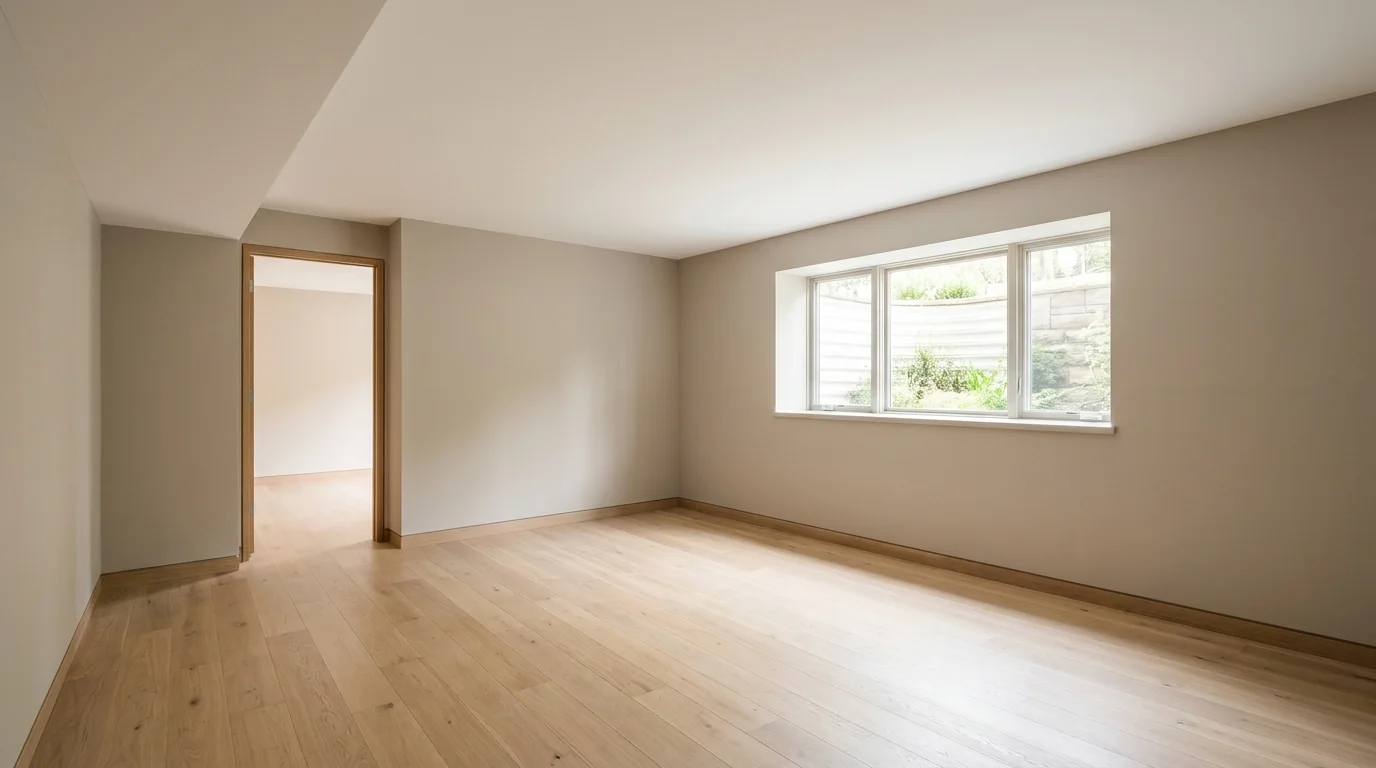 An empty, finished basement room with light-colored walls, a smooth closed ceiling, and soft daylight. The room appears clean and ready for use, without any visible mechanical systems or clutter.