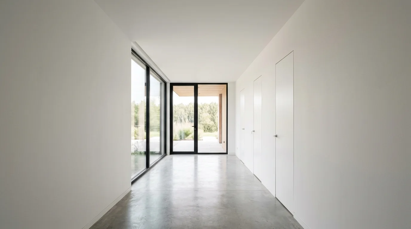 A clean, finished hallway inside a modern home, illuminated by natural daylight. The ceiling is smooth and closed, and the hallway is empty of people or objects, showcasing its architectural lines.