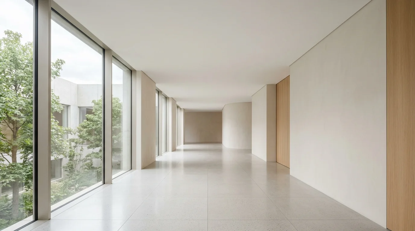 Illustrative image of a finished hallway with a smooth, closed ceiling, neutral walls, and a clean floor, illuminated by daylight.