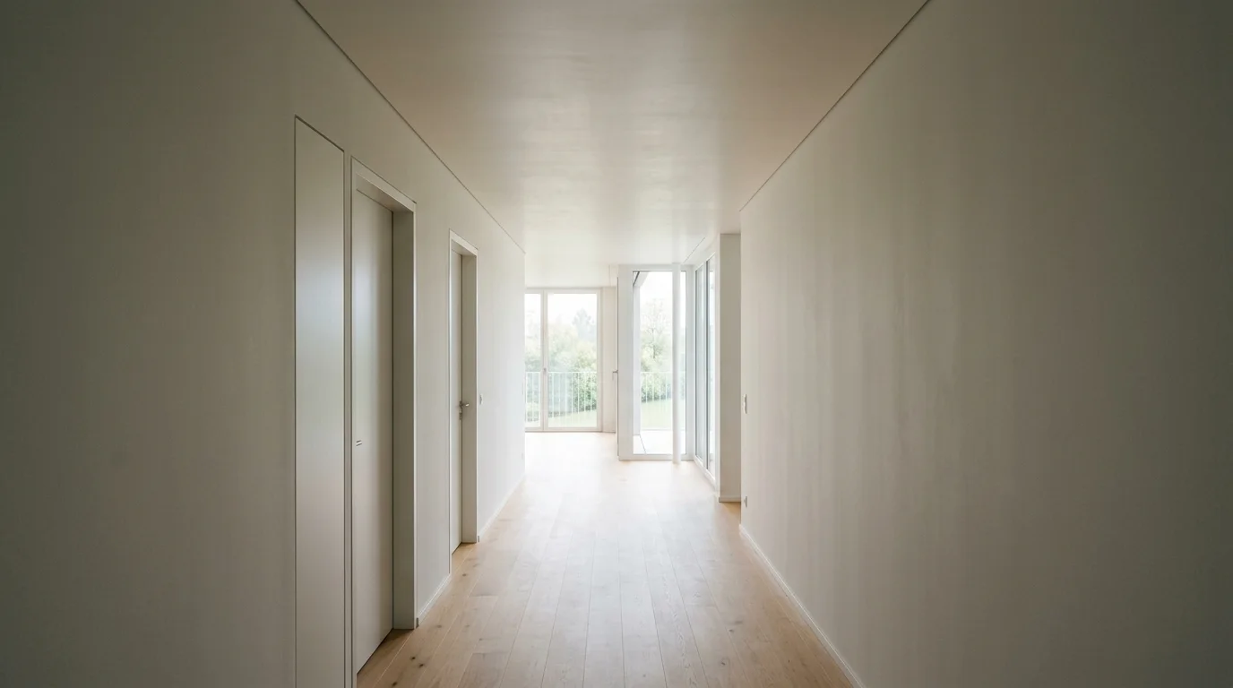 Illustrative image of a bright, empty, finished hallway with a smooth ceiling and natural light.