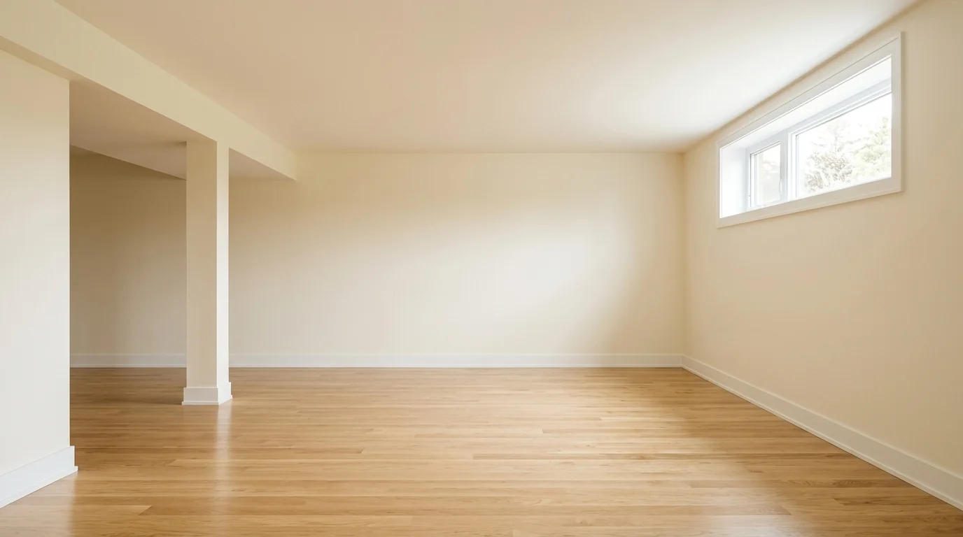 Illustrative image of a clean, empty, finished basement with a smooth ceiling and natural light.