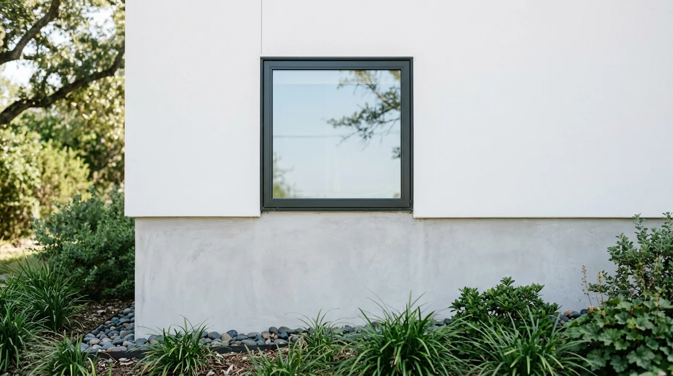 Illustrative image showing a tightly cropped detail of a closed window and a clean house foundation.