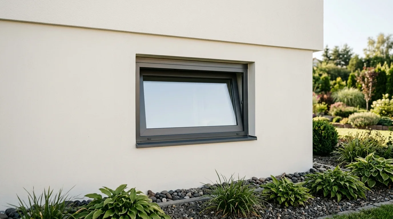 A tightly cropped exterior view of a closed window integrated into a smooth, finished house foundation. The scene is clean and shows architectural detail in daylight.
